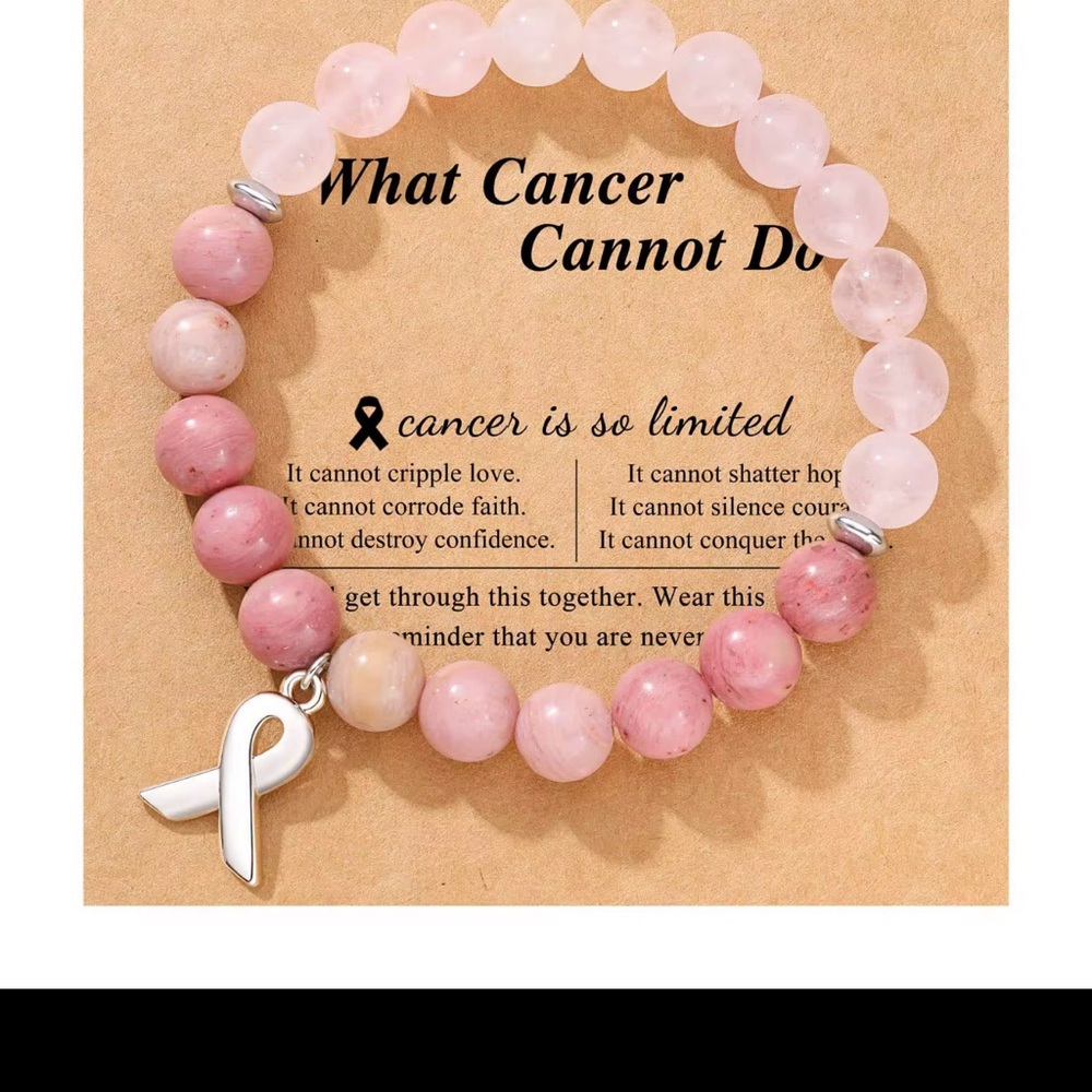 Pink Quartz Bracelet Ribbon Charm Breast Cancer Awareness